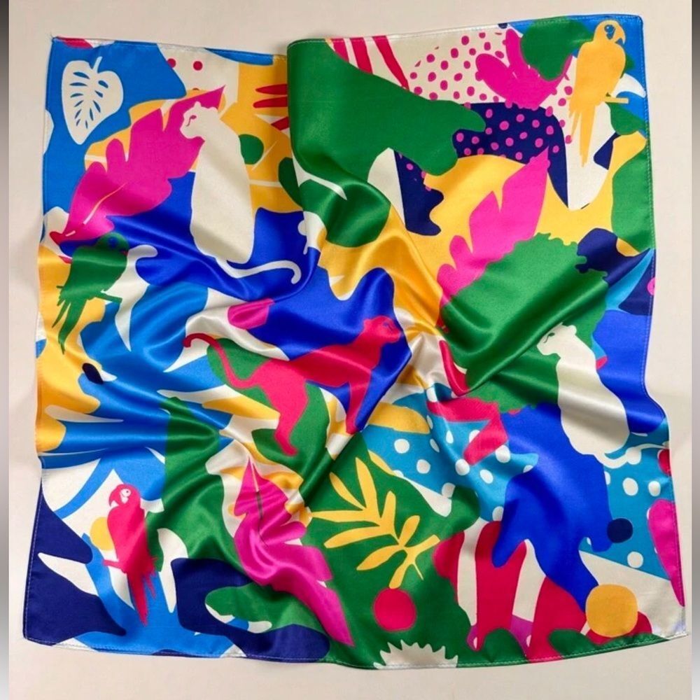 Anthropologie Multicolor Tropical Print Silk Scarf - Blue, Green, Pink, Yellow